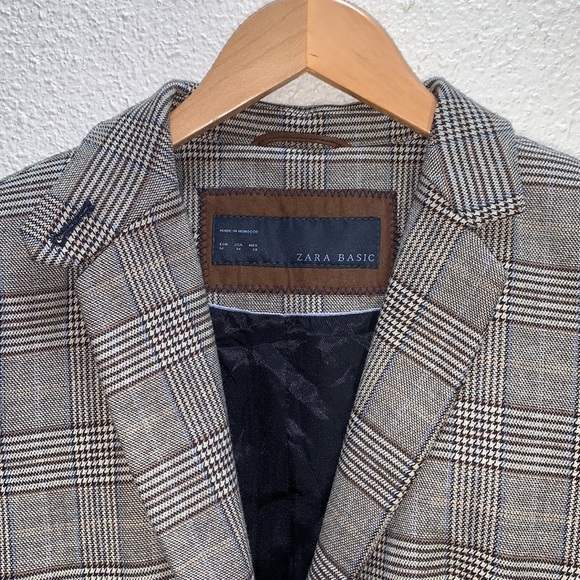 ZARA Basics Wool blend Plaid Blazer brown patchwork elbows 2 button satin lined - Picture 9 of 17